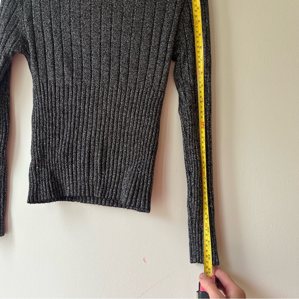 Black Metallic Ribbed Knit Turtleneck Sweater Stretch Shimmer Long Sleeve S/M - Picture 6 of 9